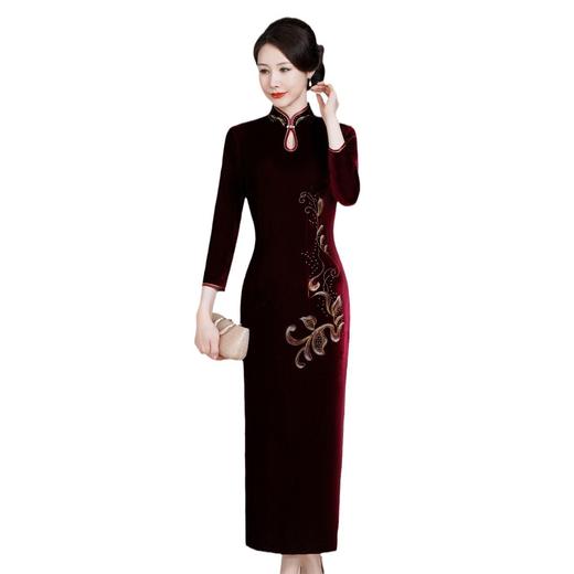 HYX-24-7872新款修身改良丝绒旗袍裙大码喜妈妈婚宴礼服长款喜婆婆 商品图4