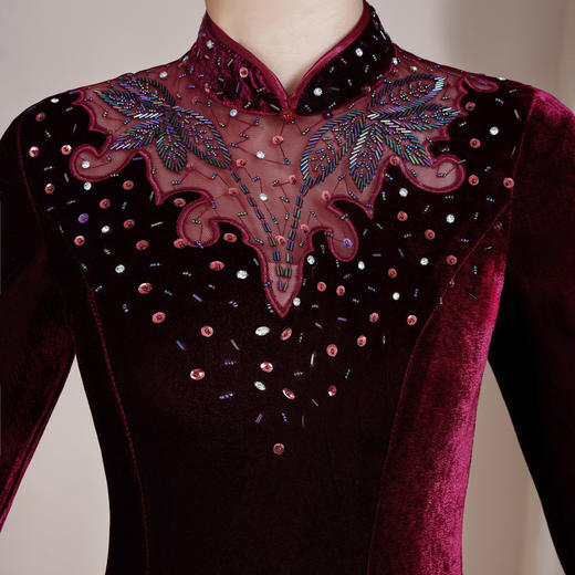 HYX-24-7856网纱新款大摆裙改良丝绒旗袍裙大码喜妈妈婚宴礼服长款喜婆婆新款 商品图3