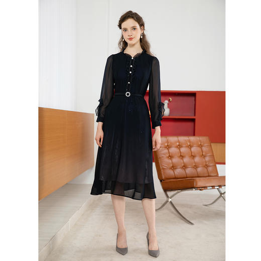 司歌长袖荷叶轻薄长袖连衣裙收腰A901204X 商品图1