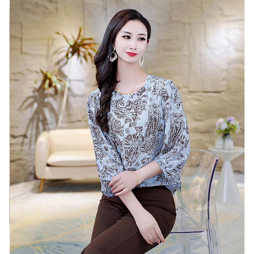 LS-AS0329七分袖双绉真丝上衣女2024年秋装新款印花时尚桑蚕丝气质显瘦上衣 商品图1