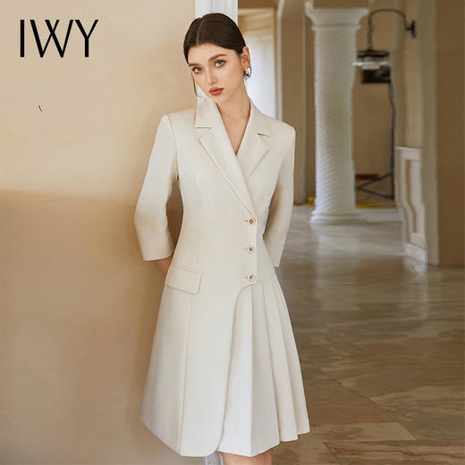 IWY/米色连衣裙女轻奢高级感百褶裙主持人演讲职业装七分袖Q1174 商品图0
