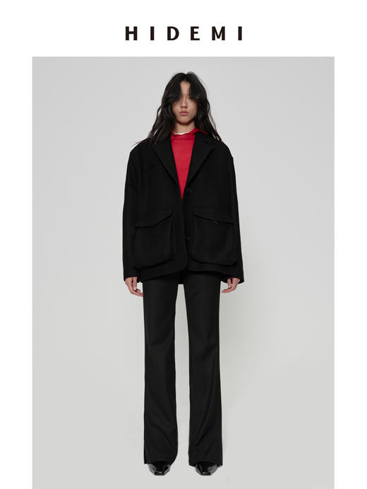 HIDEMI 【当当同款】极简大立体口袋设计感飞行员式领底呢手工式拼接宽肩大廓形绵羊毛厚款中短款毛呢西装大衣外套 商品图6