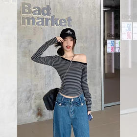 <曾小咸推荐>  撞色条纹斜肩长袖T恤 日常99/件 活动价49.99！！【预售款，预计3-15天发货】