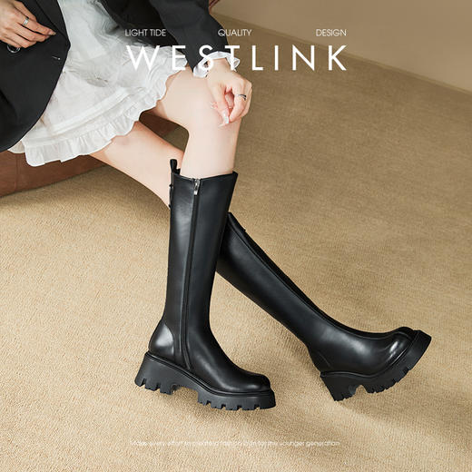 西遇增高厚底长筒骑士靴女新款秋冬小个子宽筒皮靴圆头黑色长靴子V3547571 商品图2