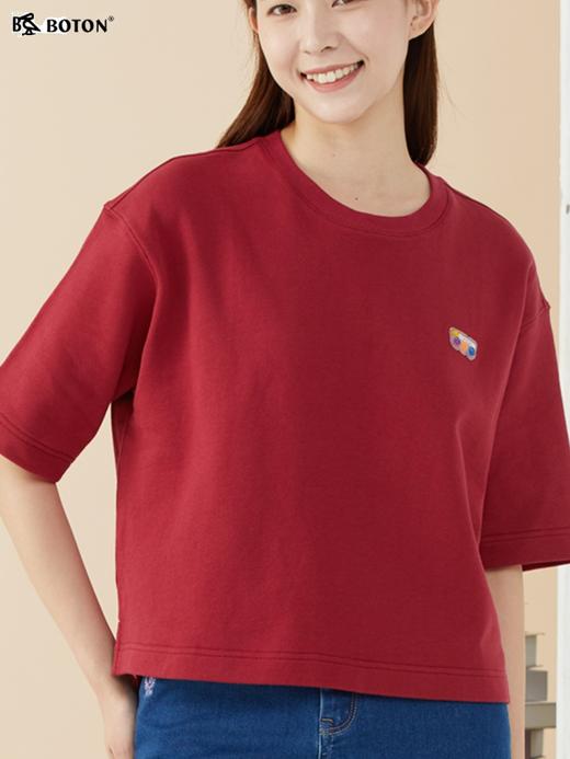 波顿夏季高端枣红色圆领t恤女短袖宽松纯色上衣简约LT282322 商品图1
