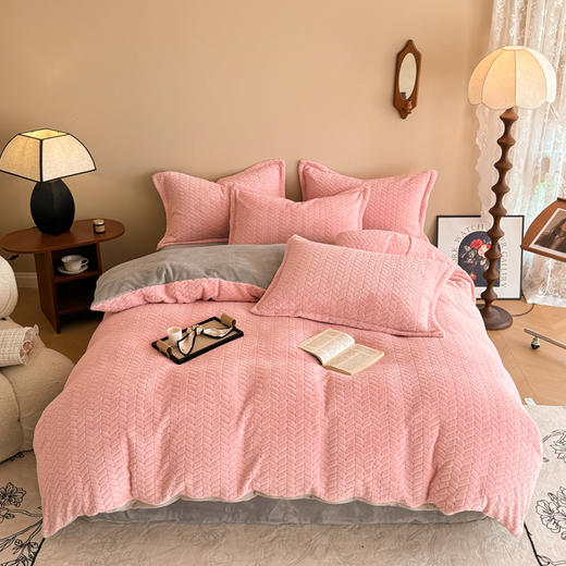 自然醒A类麦穗纹提花牛奶绒床上四件套双面珊瑚法兰绒被套罩床单笠冬季款床品QJ 商品图1