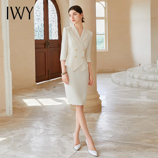 IWY/正式场合连衣裙女医美容院工作服米色假两件套装Q1179 商品图1