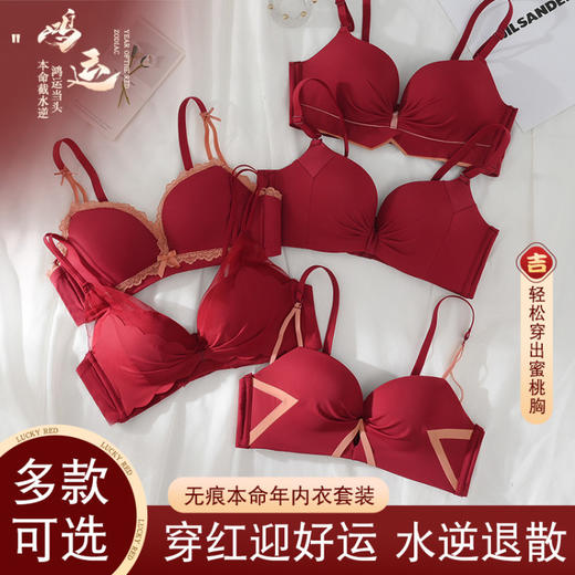 本命年内衣女红色转运兔年小胸聚拢性感无钢圈结婚新娘文胸罩套装 商品图0