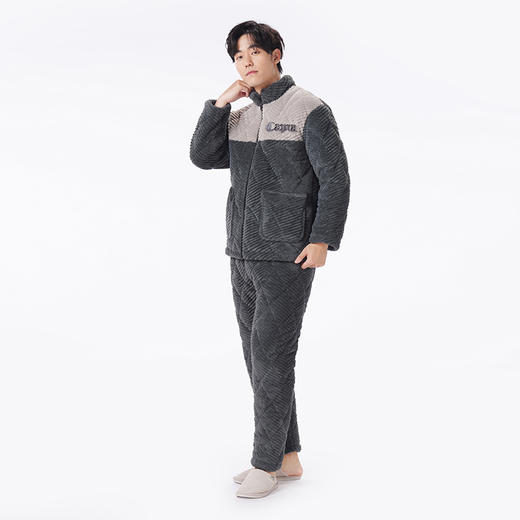 都市丽人都市锋尚睡衣夹棉系列长袖法兰绒烂花夹棉加厚男士加夹棉套装FHT1E1 商品图2