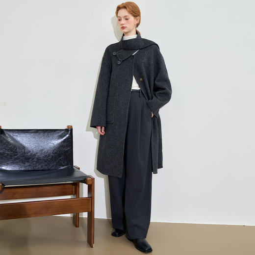 西遇100%绵羊毛大衣外套秋装女款新款围巾领简约高级感外套M0042988 商品图1