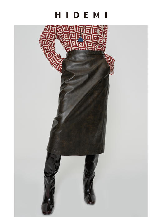 HIDEMI 甄选复古水洗擦色感环保蛋白皮H型极简半身裙皮裙 商品图3