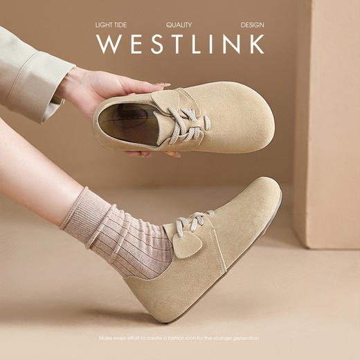 西遇系带勃肯鞋女新款早春舒适超软圆头棕色小皮鞋平底单鞋V0047488 商品图1