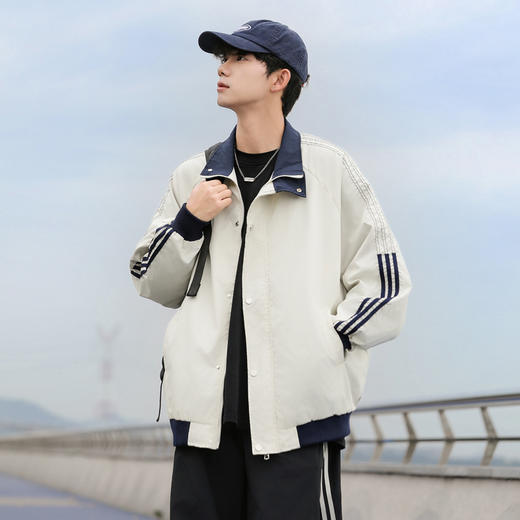 型男必备 高品质夹克 时尚潮男外套 三条杠春秋季男女同款夹克 春秋新款韩版工装外套男 复古潮牌 翻领青少年 早春薄款休闲夹克 商品图0