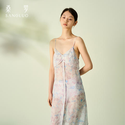 桑罗真丝蝴蝶印花吊带裙2024年秋冬新款薄纱透视睡裙睡衣约会战衣 商品图1