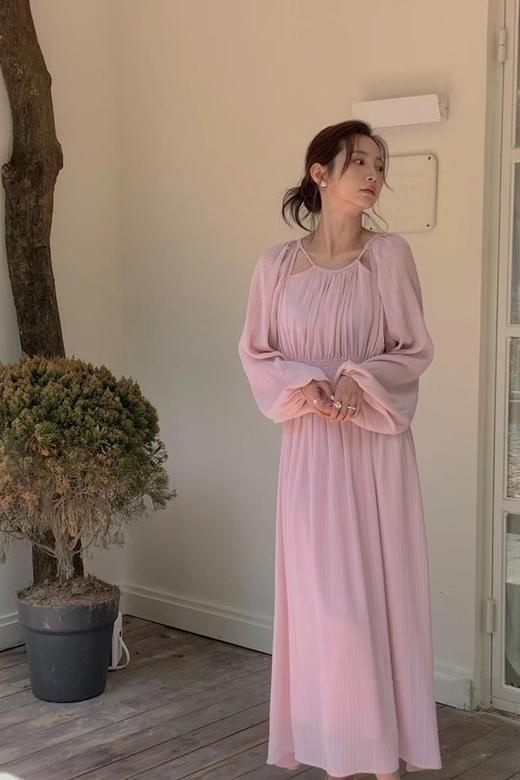 Le Malene 粉色优雅甜美挖肩收腰连衣裙 18748 商品图3