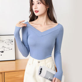 【罩杯一体式！双V齐腰打底】即是内衣又是打底衫，免穿文胸/无钢圈，前后V领，修身时尚百搭，一体式内搭服饰，女士大领口上衣带胸垫长袖t恤女L