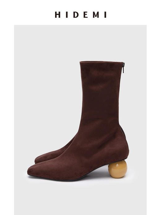 HIDEMI 【当当同款】做旧感进口弹力羊皮艺术感撞色球体异形跟中跟显瘦踝靴 古铜棕麂皮/黑色光面皮 商品图12