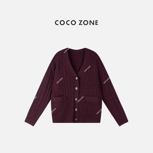 COCO ZONE 100绵羊毛设计感V领麻花针织开衫CC2C1797 商品图0