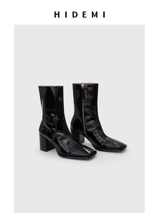 HIDEMI 超显瘦进口牛皮哑光亮皮方头粗跟方跟踝靴短靴 黑色/暗深酒红 商品图8