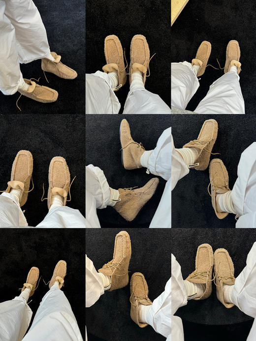 HIDEMI 系带复古做旧感进口磨毛牛反绒牛皮中帮方头内增高式踝靴短靴 卡其米/勃艮第酒红 商品图1