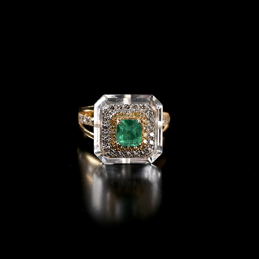 20世纪祖母绿+白水晶高台钻石戒指