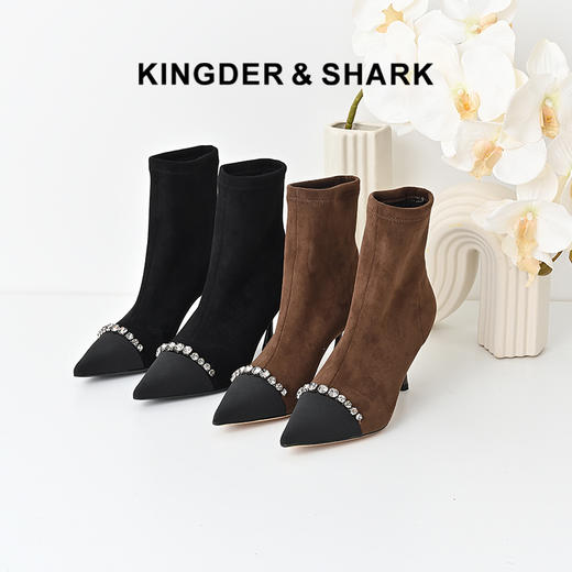 经典鲨2024年冬季款优雅尖头气质拼接水钻套脚单里短筒靴女KW198-D58221 商品图0