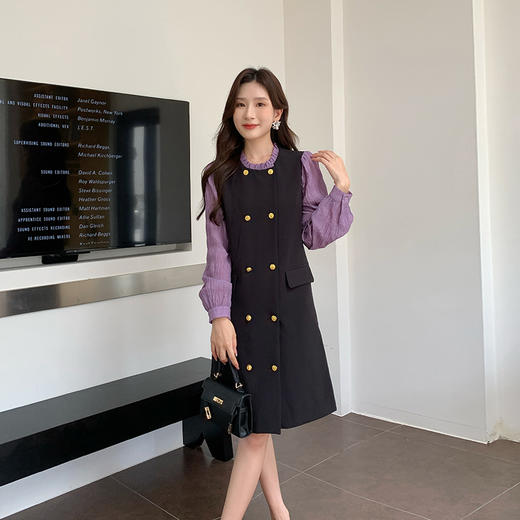 [奢姿轻奢系列]拼接木耳边连衣裙大码女装秋季新款胖妹妹撞色裙子8943860271 商品图0