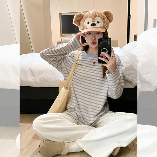 <曾小咸推荐>韩版百搭长袖圆领条纹T恤女秋冬气质温柔宽松显瘦内搭上衣 商品图4