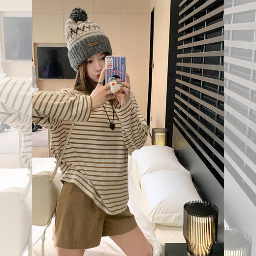 <曾小咸推荐>韩版百搭长袖圆领条纹T恤女秋冬气质温柔宽松显瘦内搭上衣 商品图2