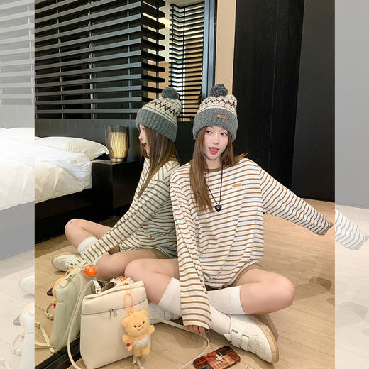 <曾小咸推荐>韩版百搭长袖圆领条纹T恤女秋冬气质温柔宽松显瘦内搭上衣 商品图3