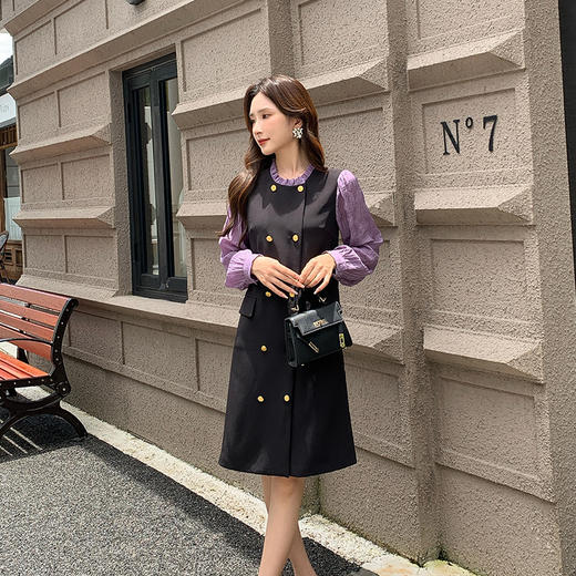 [奢姿轻奢系列]拼接木耳边连衣裙大码女装秋季新款胖妹妹撞色裙子8943860271 商品图2