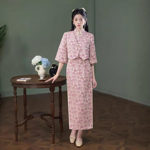 XL1102 2024年秋季新款改良旗袍日常国风修身年轻款粉色小香风气质高级感 商品图3