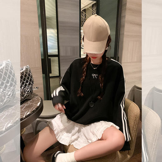 <曾小咸推荐>韩系休闲百搭黑色蝴蝶结印花圆领卫衣 商品图3
