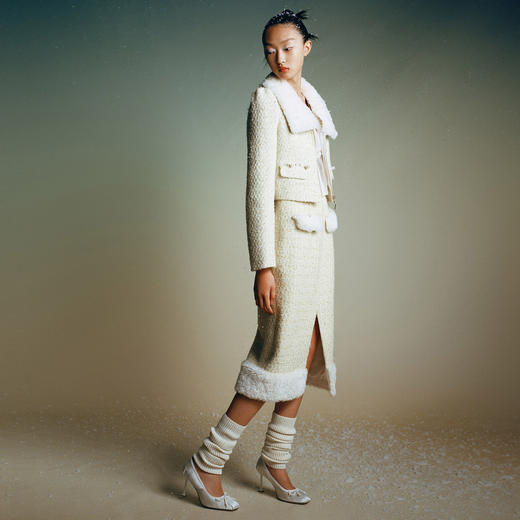 法式小香风羊毛半身裙女显瘦秋冬新款高腰气质开叉中长裙 商品图3