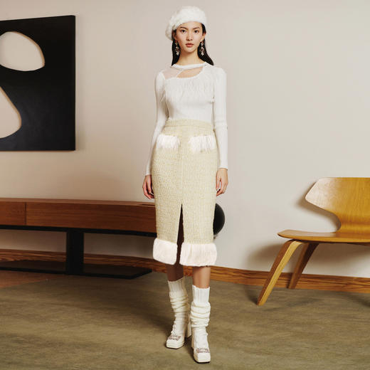 法式小香风羊毛半身裙女显瘦秋冬新款高腰气质开叉中长裙 商品图1