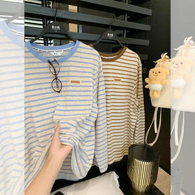 <曾小咸推荐>韩版百搭长袖圆领条纹T恤女秋冬气质温柔宽松显瘦内搭上衣