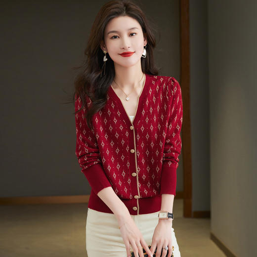 港风长袖拼色鸡心领薄款春秋开衫针织衫CC-6656 商品图0