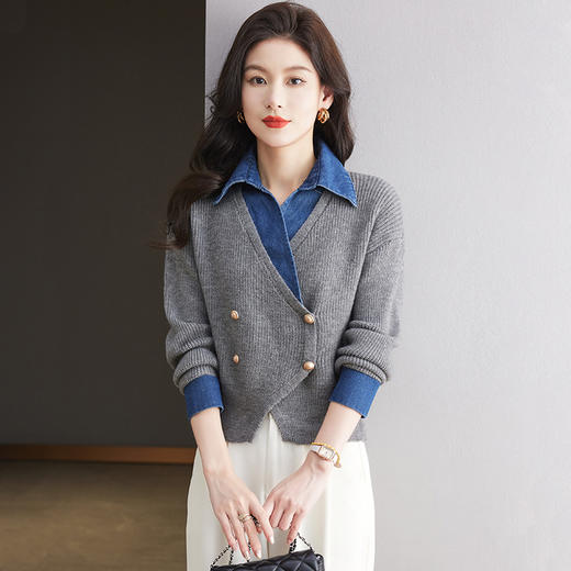 短款开衫高腰配裙子，拼接牛仔衬衫领针织衫CC- 27-24134 商品图2
