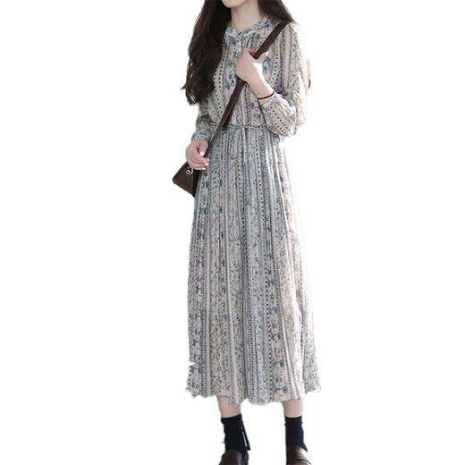 雀说 秋冬新款收腰碎花长裙子轻熟风减龄洋气a字连衣裙4ZF-15424 商品图4