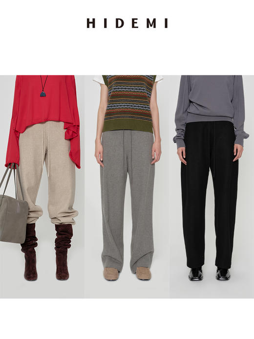 HIDEMI 进口澳洲绵羊毛全毛厚款立体剪裁茧型裤羊腿裤 意大利米/艺术灰/黑色 商品图0