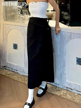 捆绑系带可调节腰头醋酸混纺垂感直筒长半裙