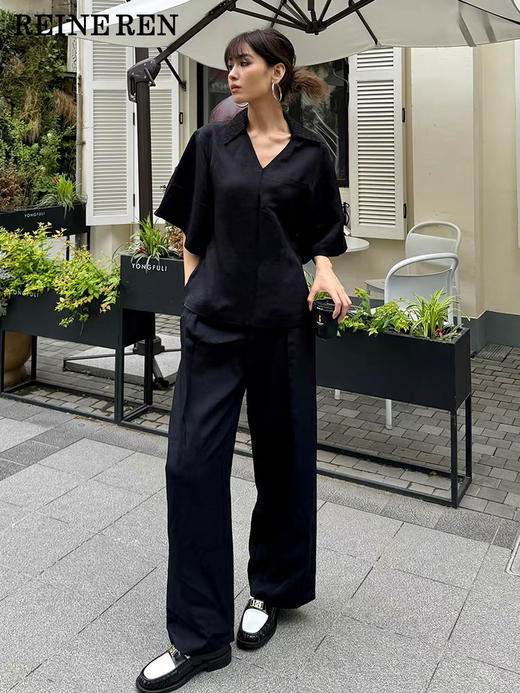 黑色醋酸混纺凉感松紧高腰垂坠梨形阔腿裤西裤 商品图1