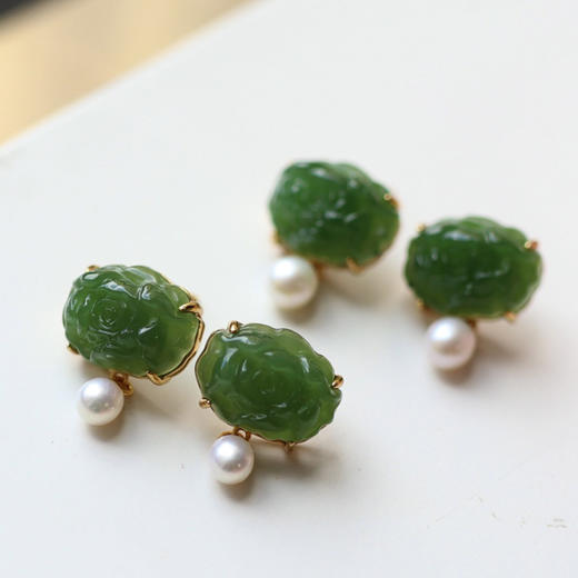 天然碧玉荷花珍珠耳饰 CR 商品图2