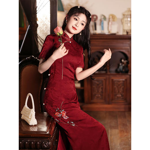 红色旗袍敬酒服新娘刺绣高级感长款LSB2614 商品图3