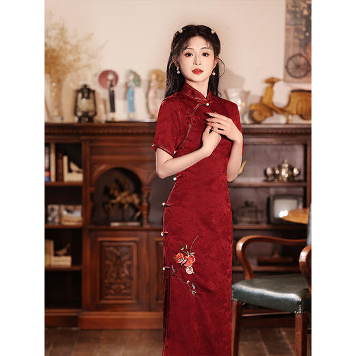红色旗袍敬酒服新娘刺绣高级感长款LSB2614 商品图0