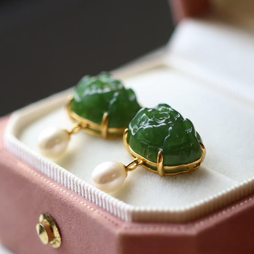 天然碧玉荷花珍珠耳饰 CR 商品图4