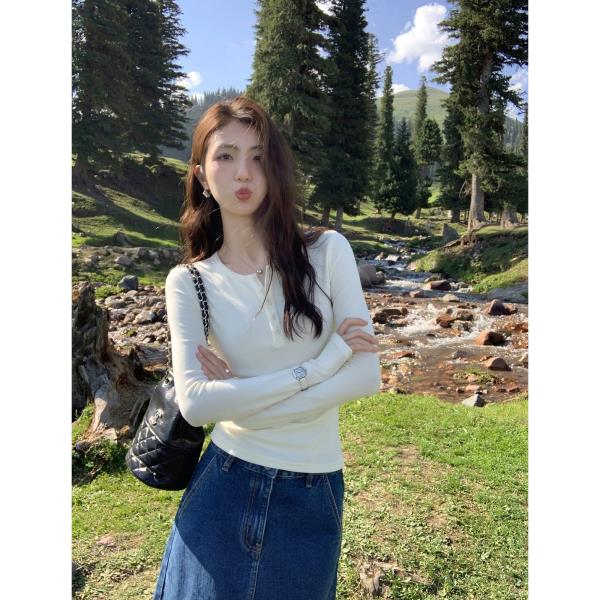 半开领针织t恤女2024新款修身圆领长袖内搭打底衫上衣