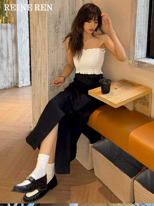 捆绑系带可调节腰头醋酸混纺垂感直筒长半裙 商品图2