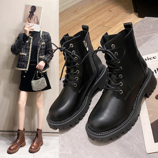马丁靴女2024冬季新款 前系带短筒靴爆款 加绒帅气英伦风机车靴时尚百搭女鞋 厚底增高小红书爆款 商品图2