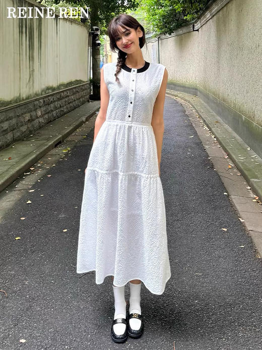 法式经典黑白无袖凉感防透梨形A字连衣裙 商品图0